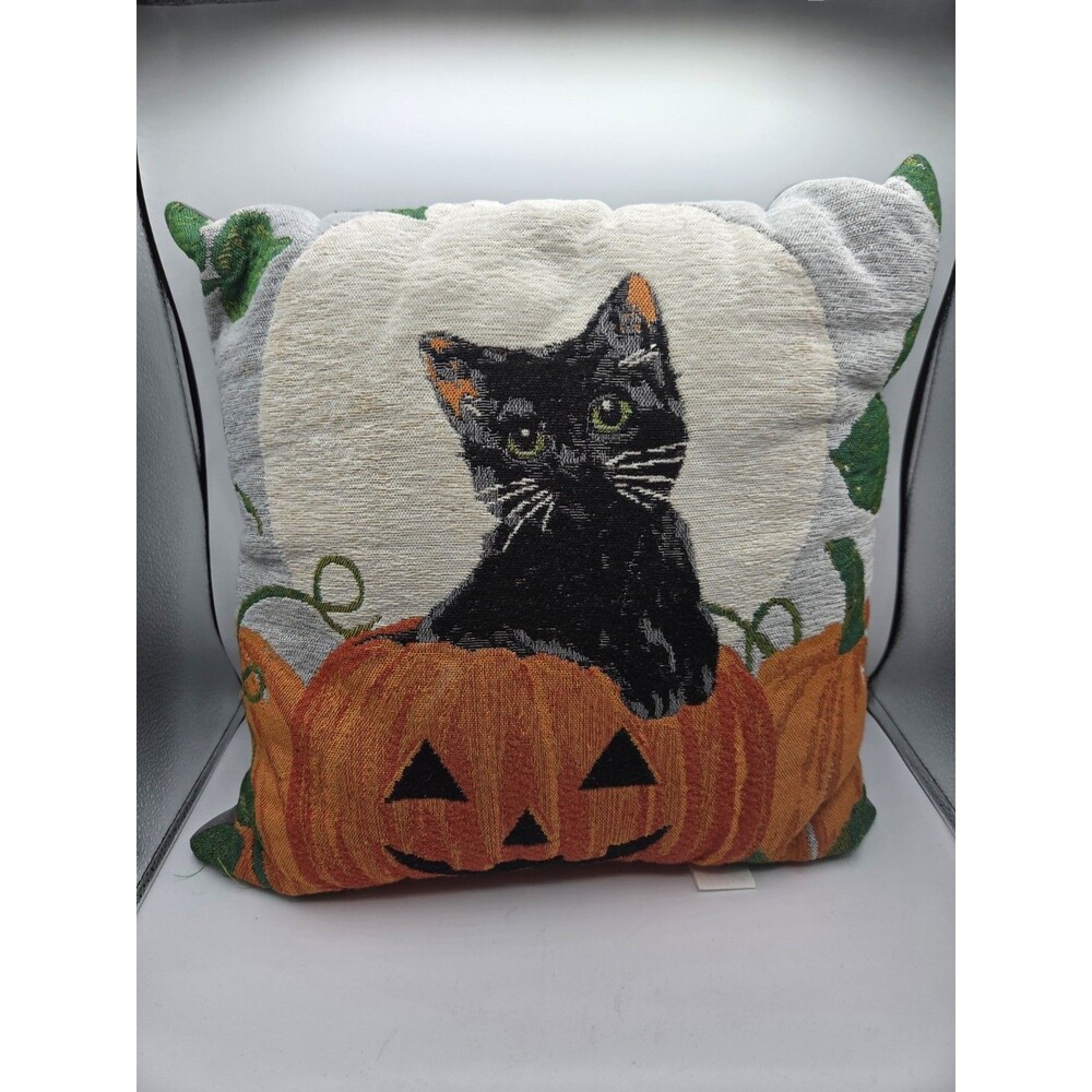 Vtg Halloween Accent Pillow Black Cat Kitten Pumpkin Patch Jack-o-Lantern Pillow